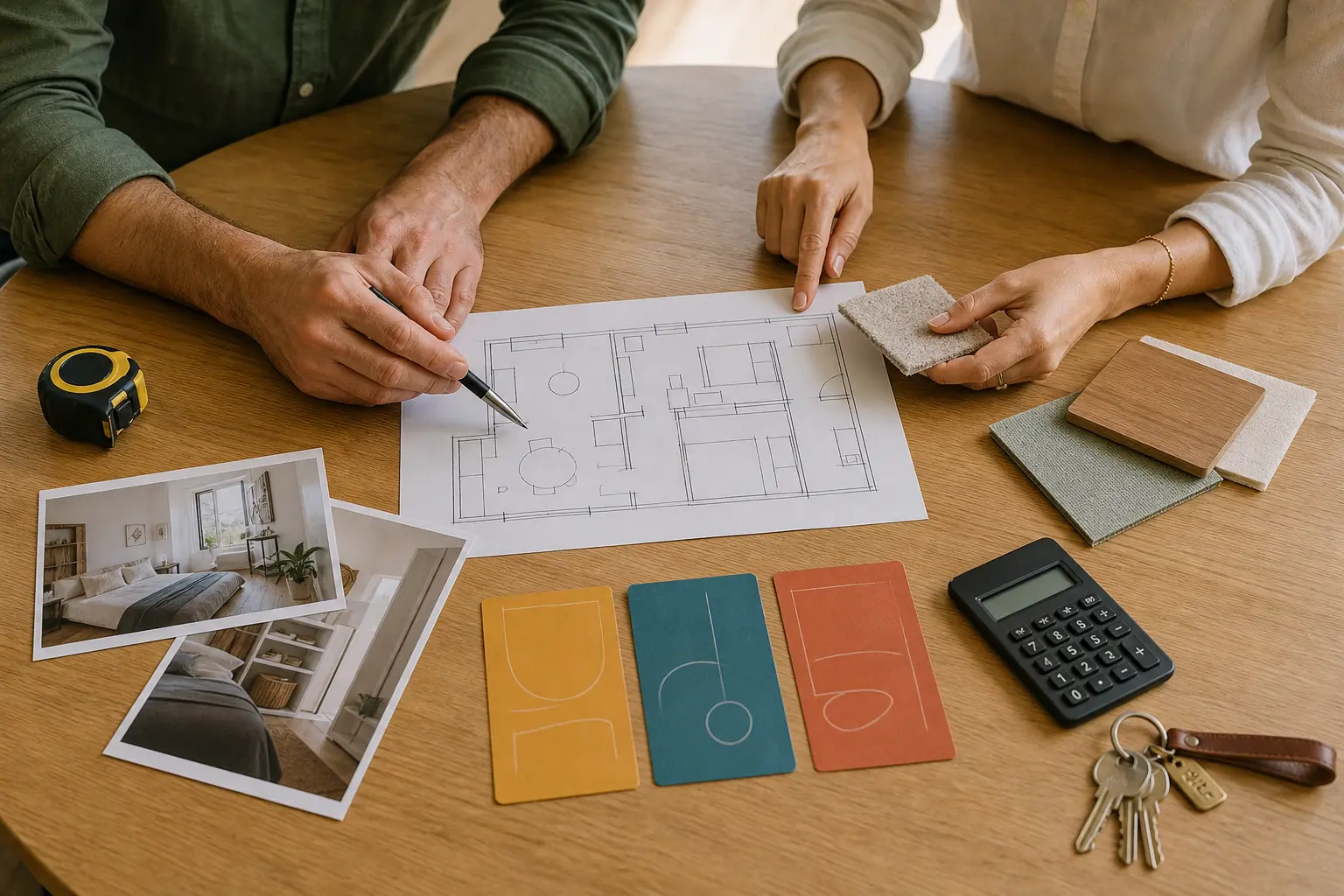 Two hosts reviewing a floor plan, room photographs, material samples, and a practical project budget