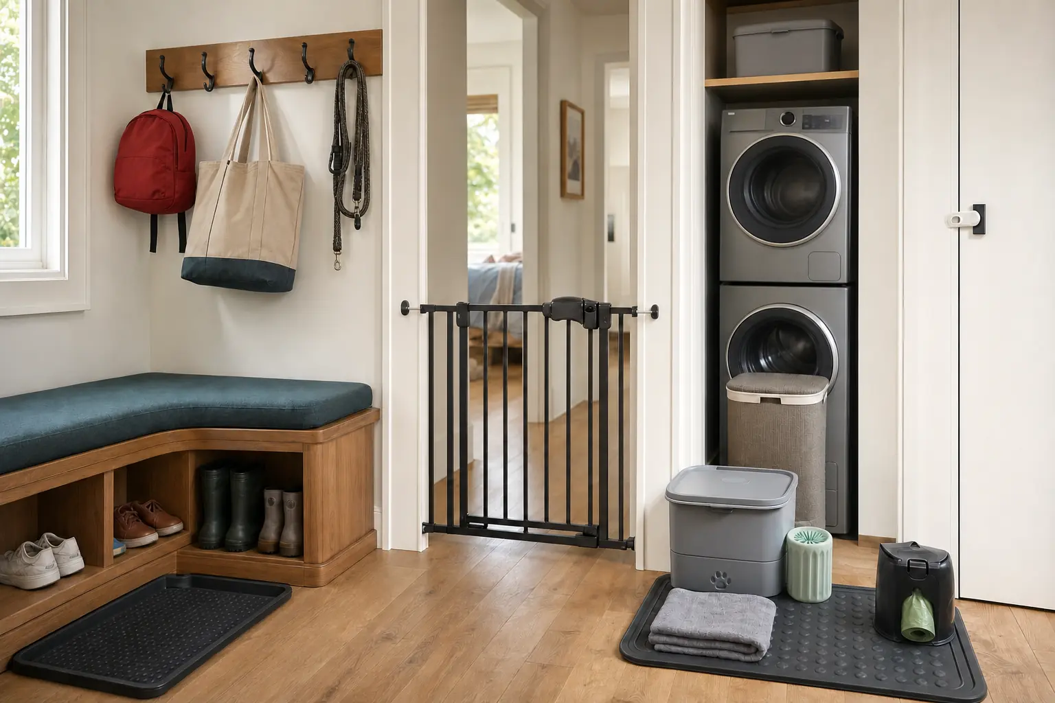 Three practical guest setups showing child equipment, a pet station, and a ground-floor multi-generation bedroom