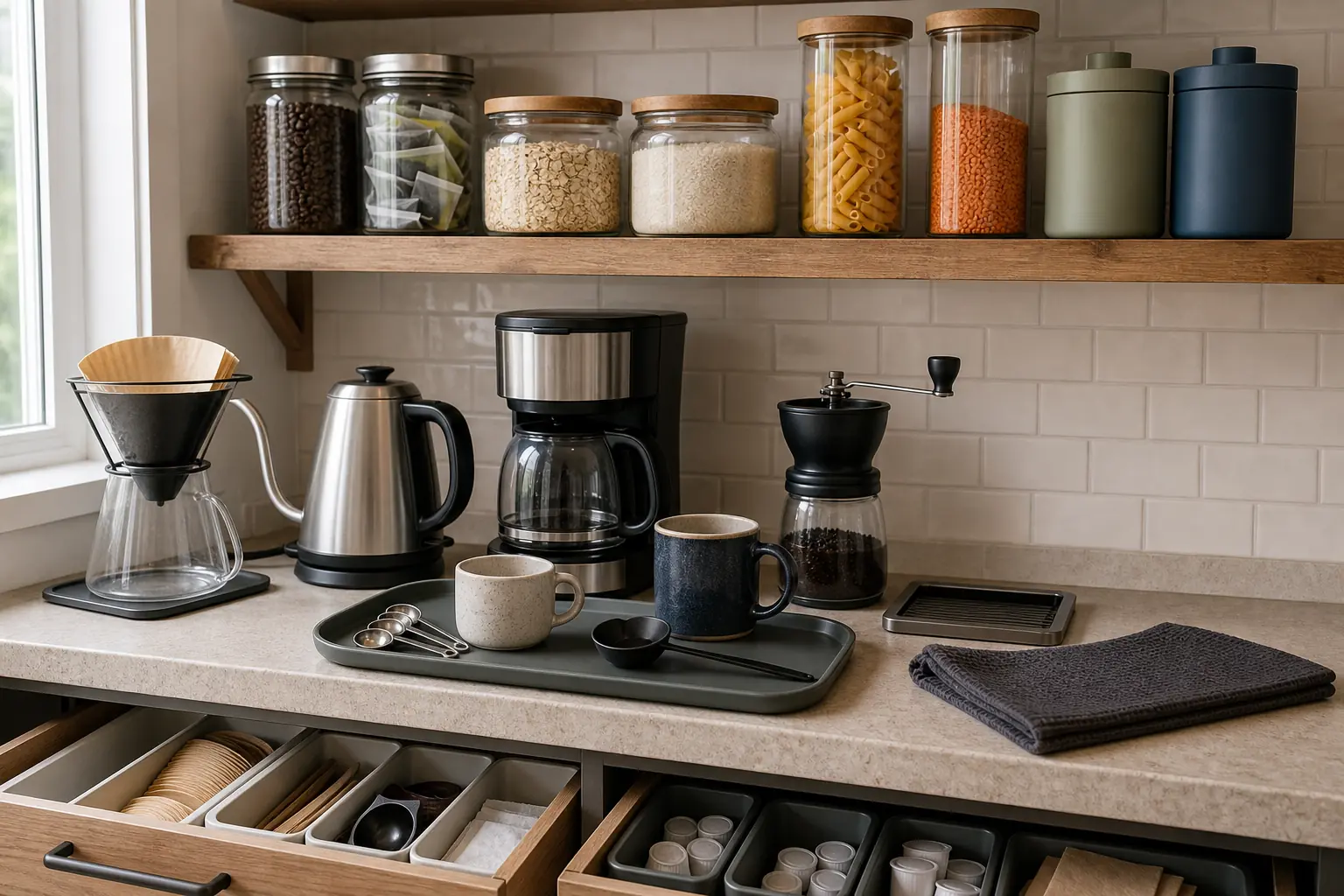 Food and drink vacation rental details including a pour-over setup, market produce, labeled cookware, and wine glasses