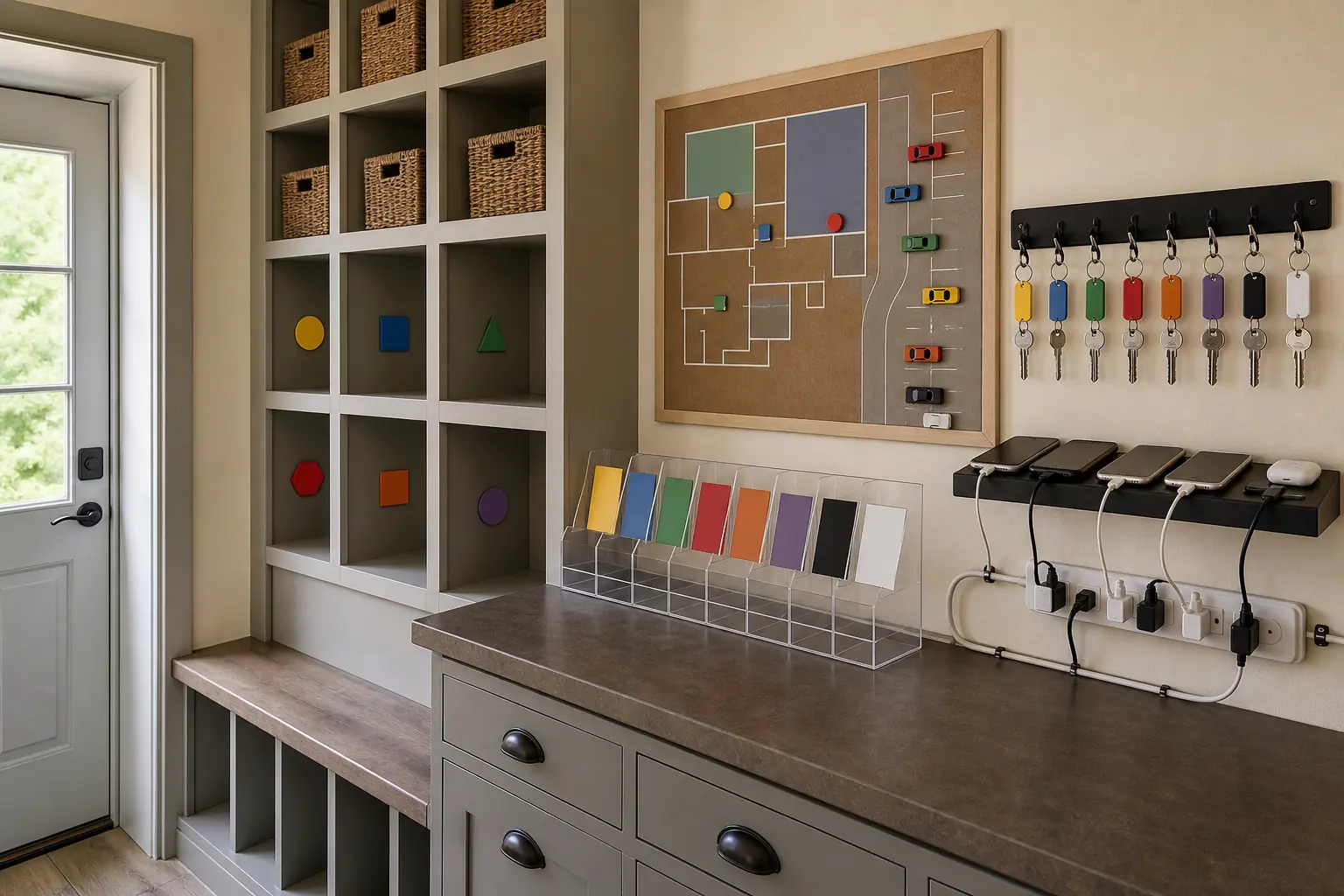 A group retreat floor plan table with room assignments, meeting zones, bathroom locations, and numbered parking spaces