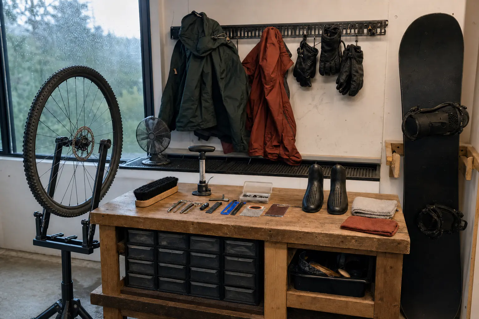 Cycling workshop, water-sport rinse area, and mountain drying room arranged for their specific equipment