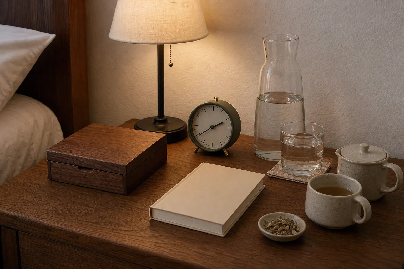 Optional phone-away box, analog clock, reading lamp, book, water, and tea arranged for a quiet stay