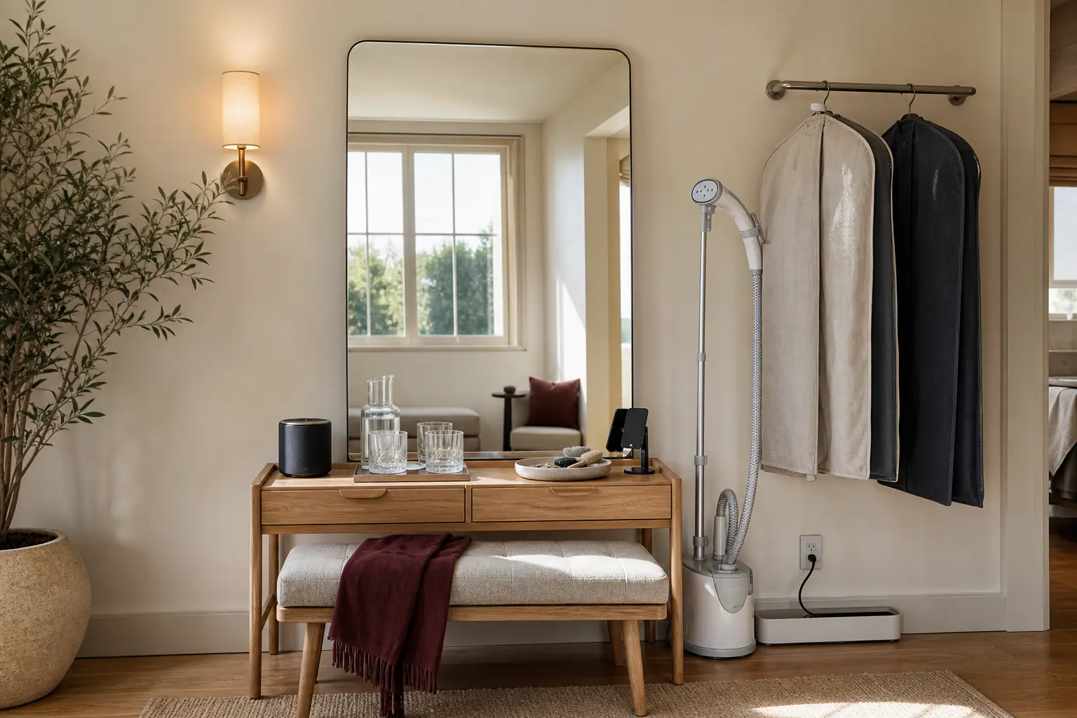 A full-length mirror, garment hooks, chair, and steamer arranged as a vacation rental dressing station