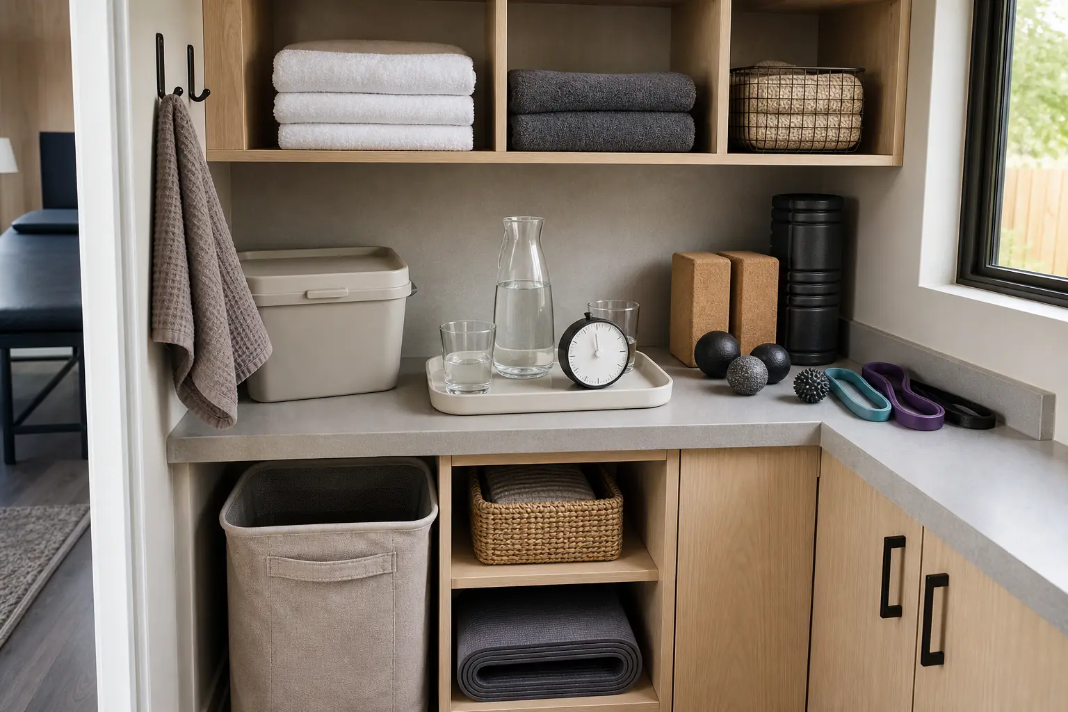 Organized wellness amenities including clean yoga props, folded towels, water, and a clearly labeled storage cabinet