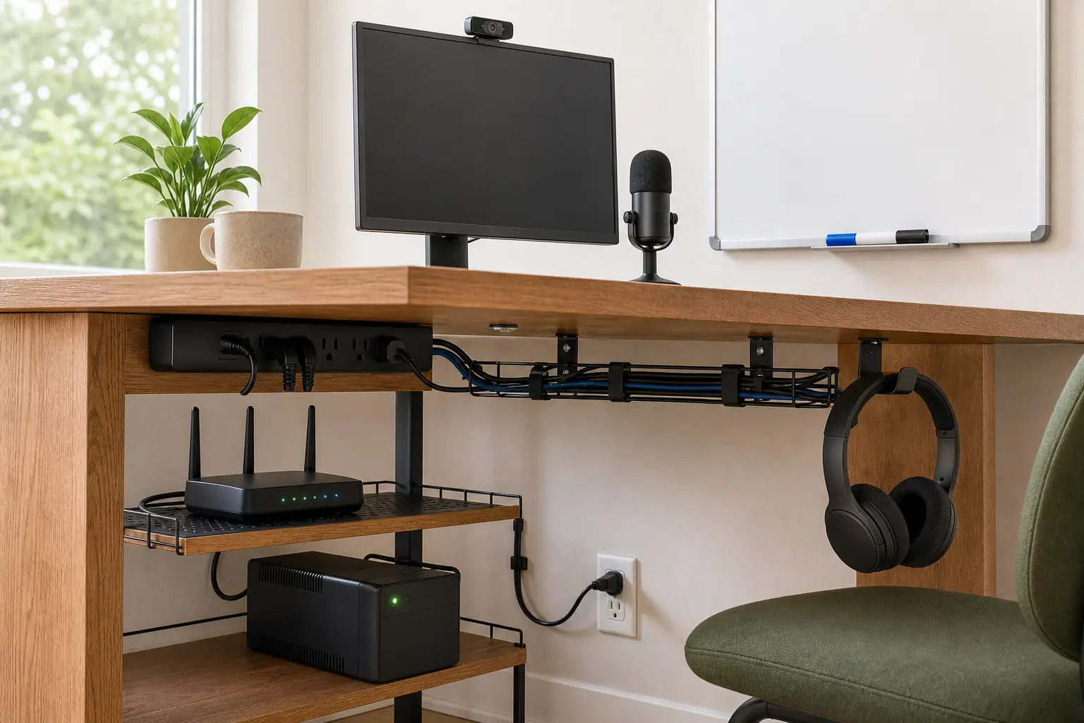 Work-friendly rental details including a monitor port panel, speed test card, whiteboard, printer, and adjustable chair